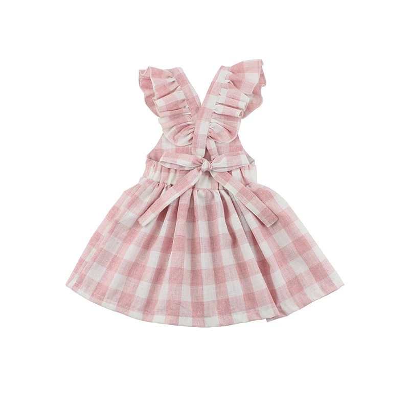 
Summer Backless Ruffle Pink Gingham Linen Pinafore Knee Length Baby Girls Party Dresses 