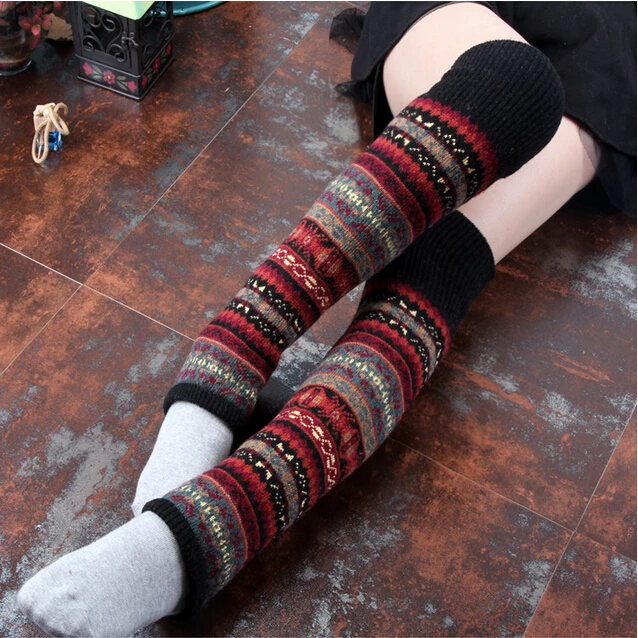 New Women Winter Stripes Leg Warmers Knee High Wool Aztec Knitted Leg Warmers