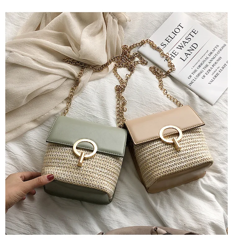 2019 wholesale straw bag raffia bag fashion ladies woman barrel shape PU handbag messenger bag