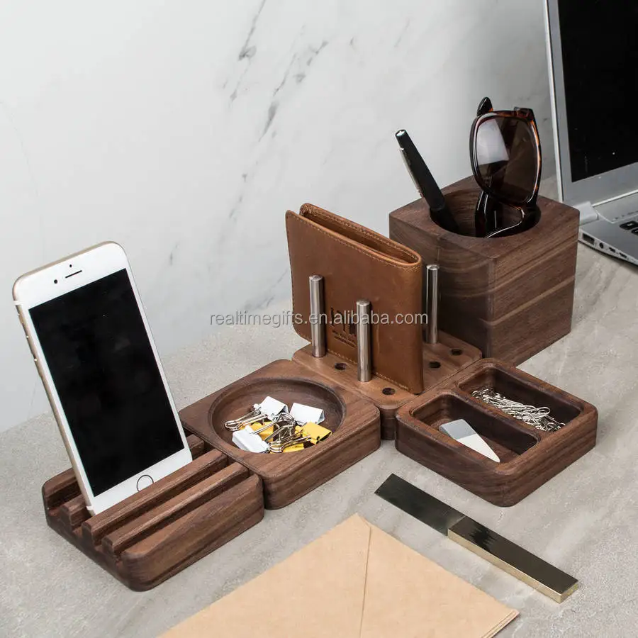Fashion Business Office Stationery 5 Pieces Original Solid Wooden Desk Tidy Set