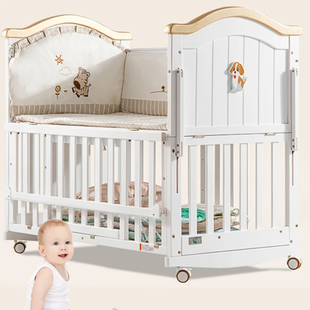 Newest design solid wood baby swing Super storage space wooden baby cradle with universal wheel
