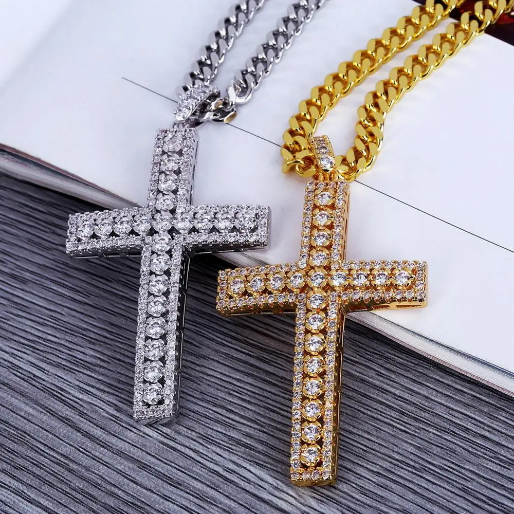 Religious Ornaments Zircon Hiphop Cross Pendant Gold Necklace