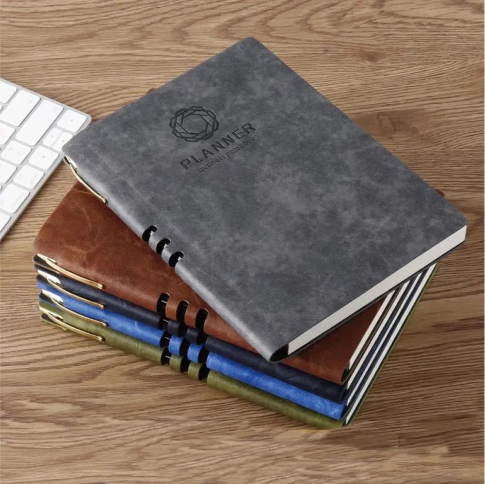 Promotional pu Leather notebook custom logo planner office soft journal premium diary with pen groove business notebooks