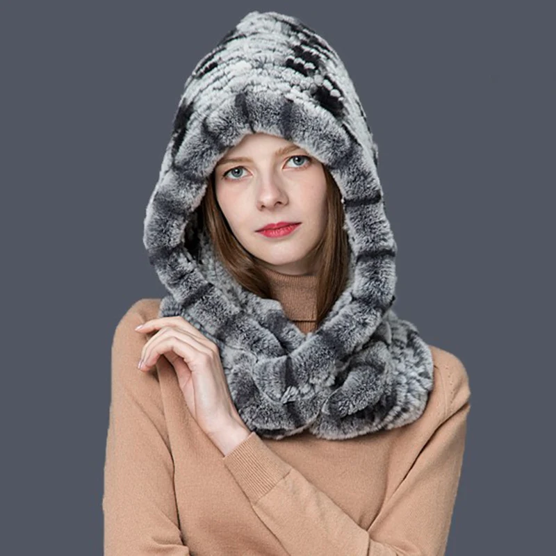 CX-C-142D 2021 New Style Rex Rabbit Fur Knitted Hooded Scarves
