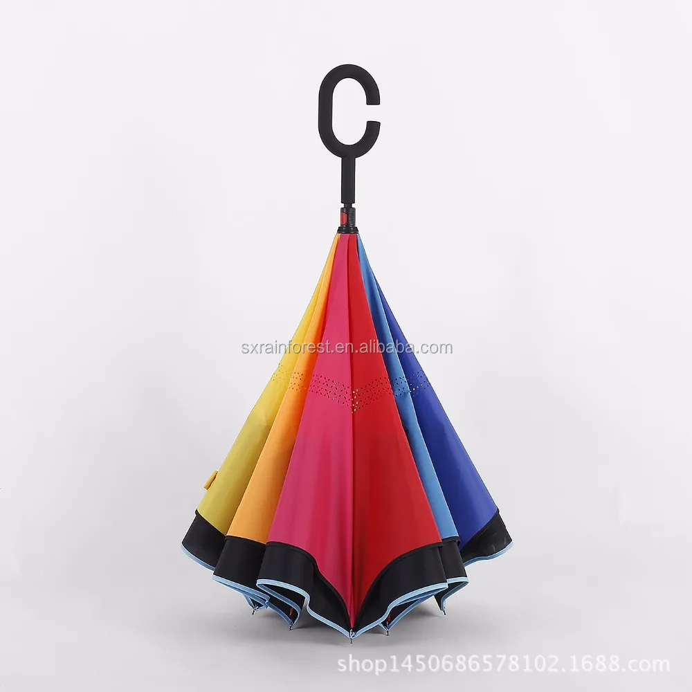 Double Layer C Handle Automatic Folding Inverted Umbrella with Reflective Strip