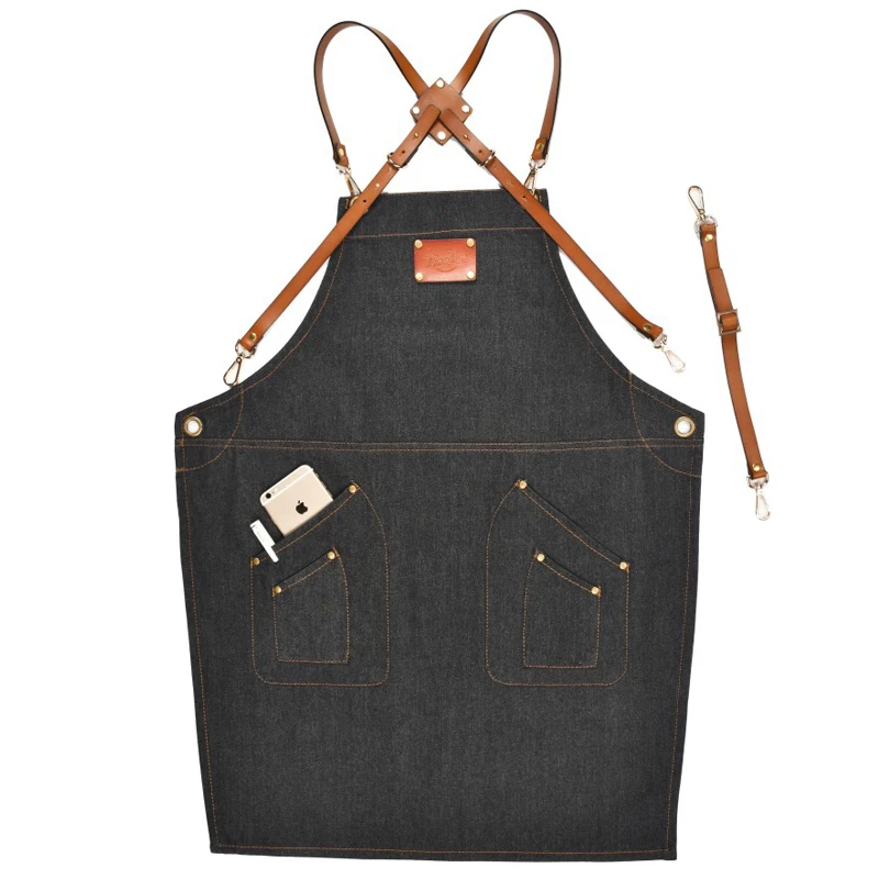 Handmade Leather Cotton Waiter Denim Apron Custom Logo Kitchen Apron
