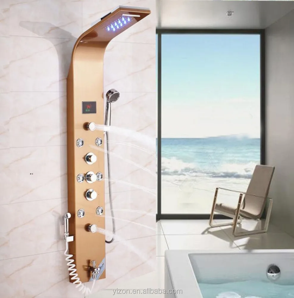 Золотистый корпус из нержавеющей стали, водопад, дождевая душевая панель, массажные струи, ручной распылитель, кран для ванны