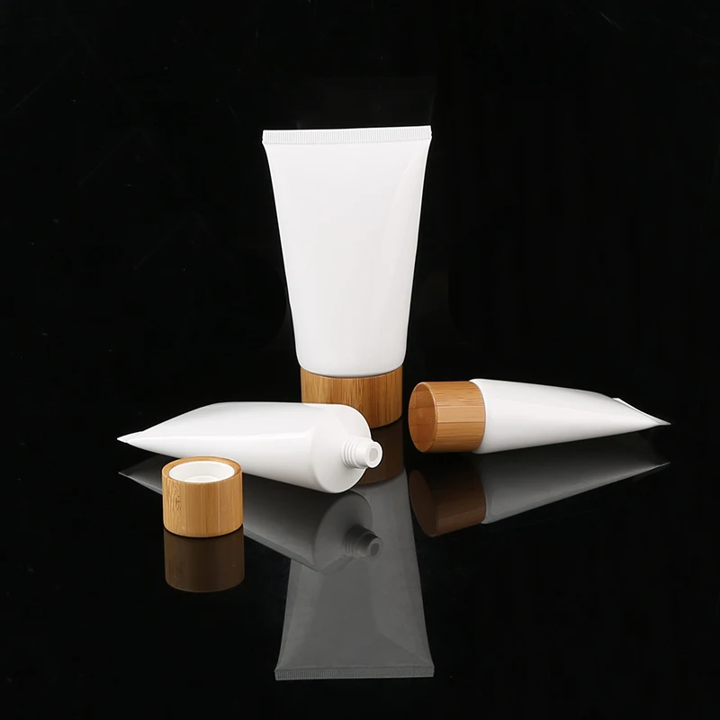 Empty cosmetic plastic soft squeeze tube with bamboo lid cleanser toothpaste container packaging