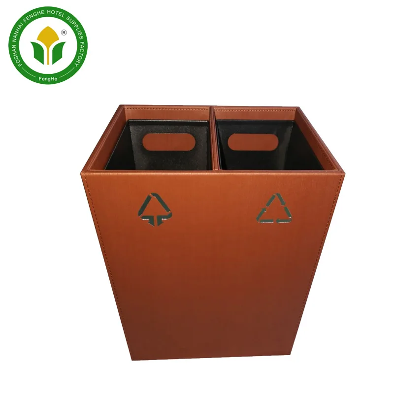 Hotel room brown leather recycling waste bin dustbin trash bin