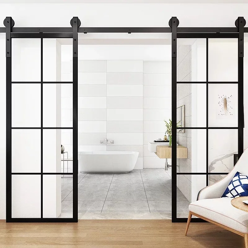 New Design French Style 8FT Double-sided  Black Aluminum  Sliding Glass Frame barn door  with Soft Close
