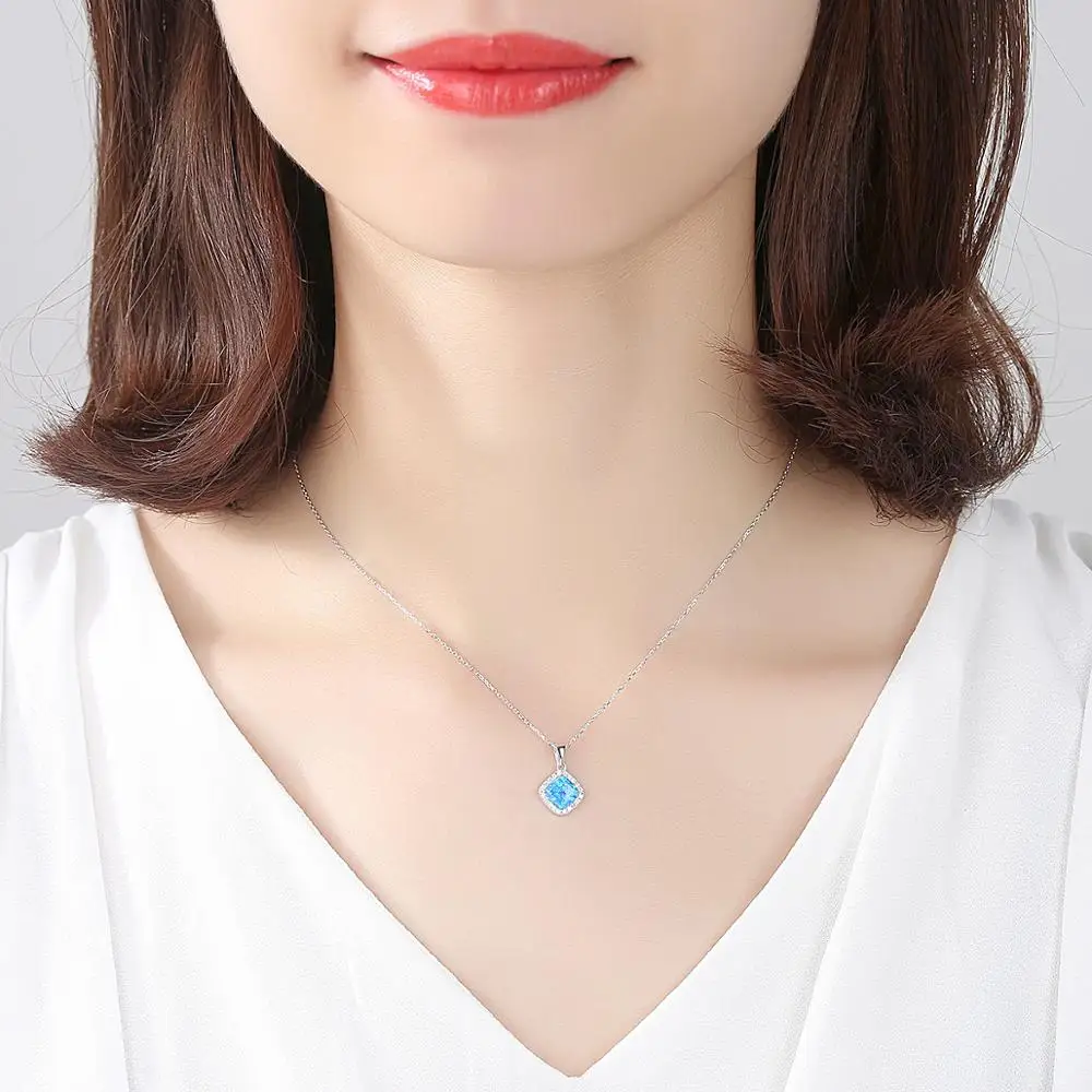 CZCITY Square Custom Diamond Chain Pendant Jewelry Dainty 925 Silver Good Quality Opal Necklace