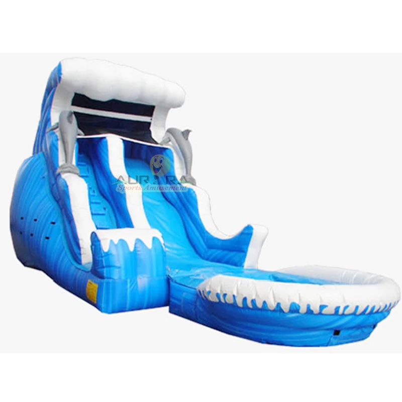 Трехполосные надувные водные горки с дельфином, дешевые надувные водные горки с бассейном