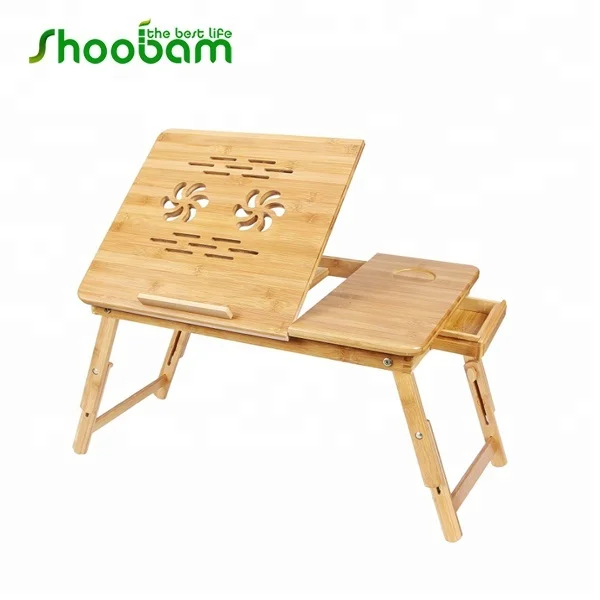 Bamboo Laptop Desk Serving Bed Tray Breakfast Table Tilting Top with Drawer