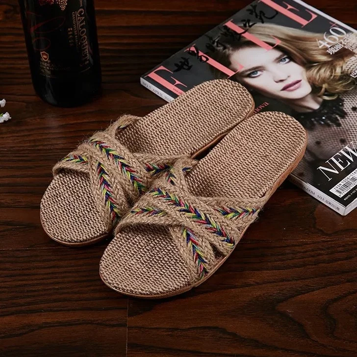 hot sale summer woman man straw jute fashion beach slipper sandals