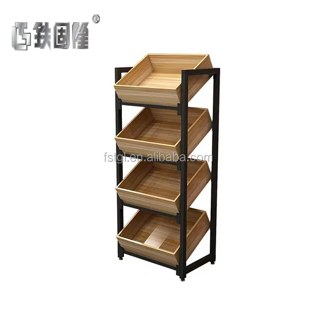 Modern customized wooden 4 tiers retail fruit display stand and rack