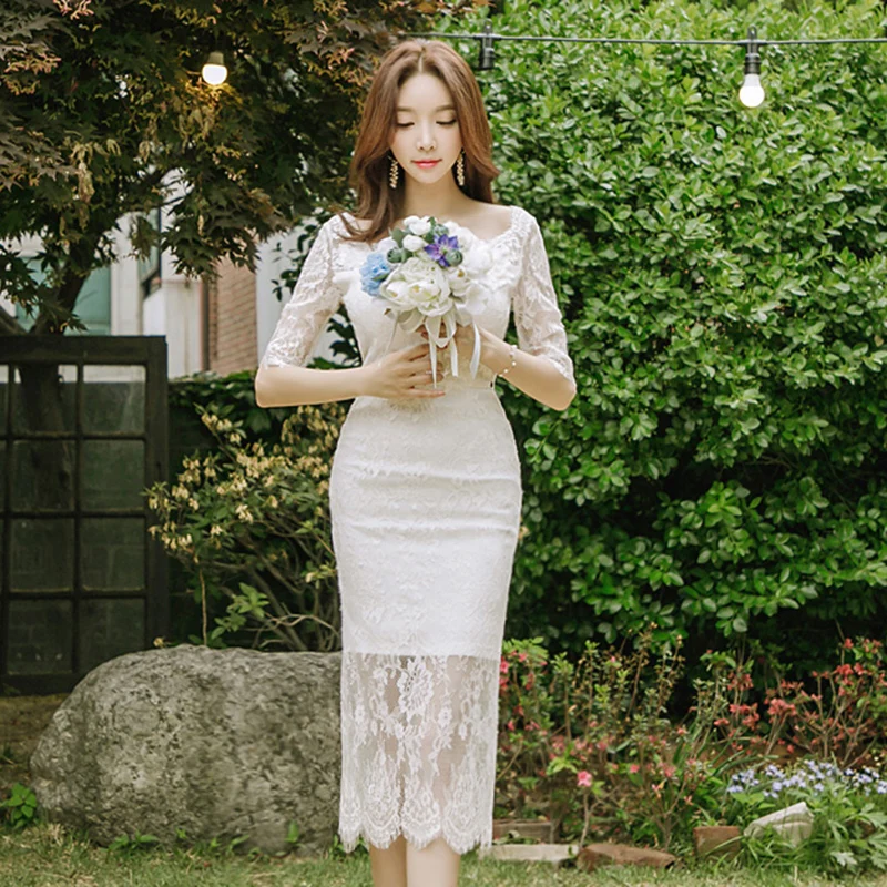 
Korean Short Sleeve bodycon lace Career dresses 