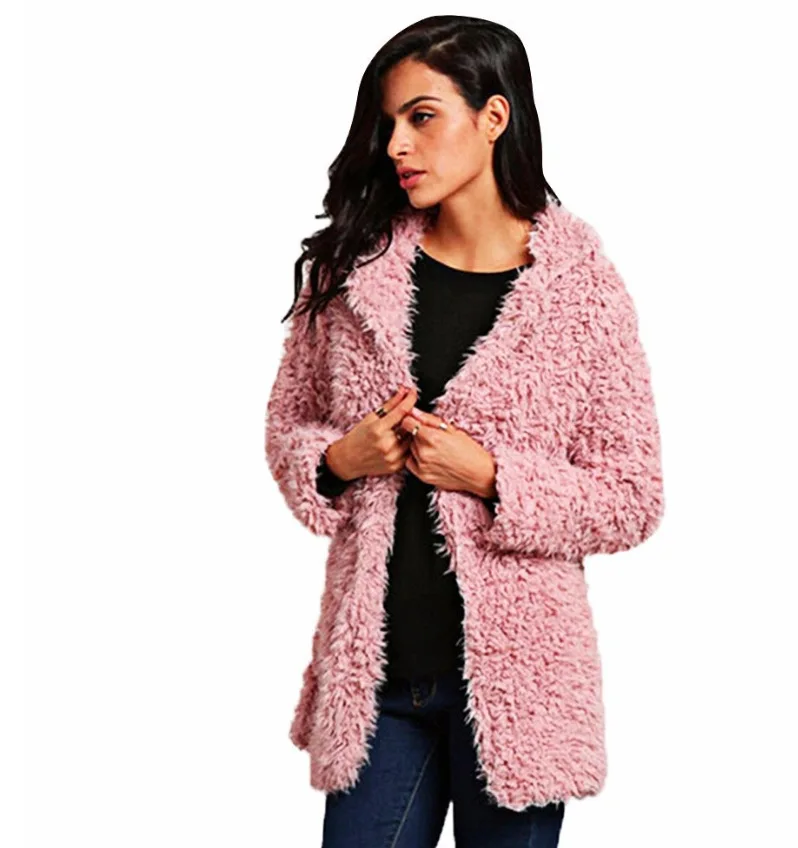 
Winter Grey Wool Overcoat Warm Outerwear Women Pink Faux Fur Coat Turn Down Collar Long Sleeve Cardigan Female Outwear 