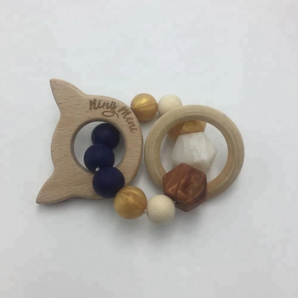 Wholesales Baby Food Grade Silicone Beads Teether Bracelet Toys With Wooden Logo Engraved Ring Teethers MFB-220