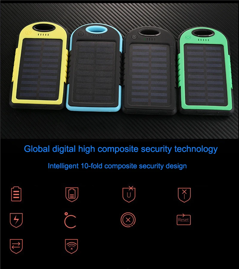 5000mAh portable waterproof solar charger dual USB external battery powerbank with LED