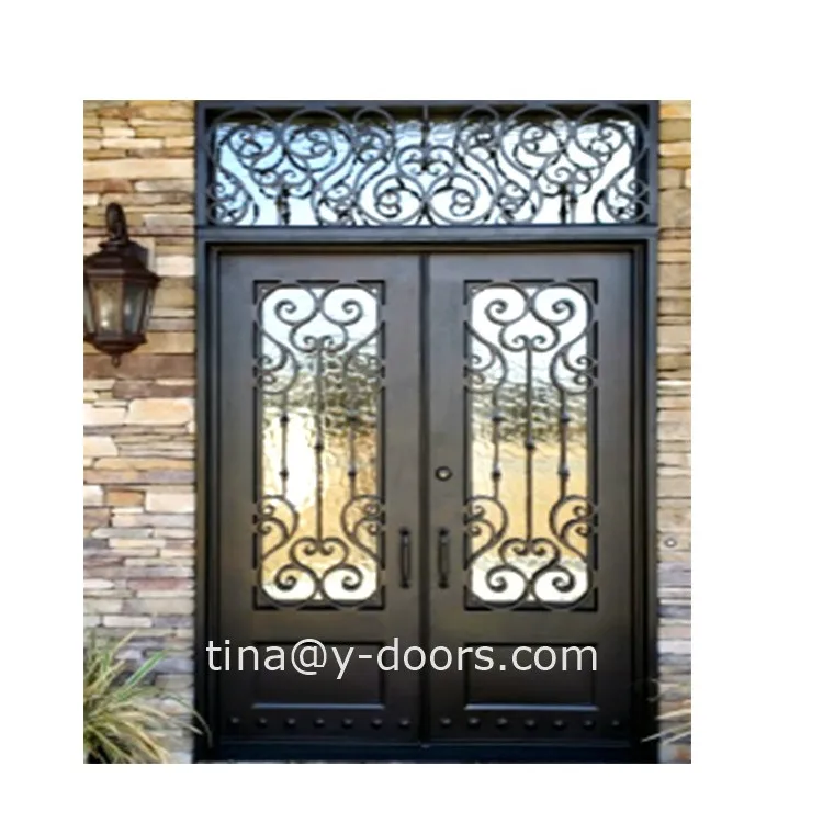 Custom hand forged security steel door double wrought iron door with screen