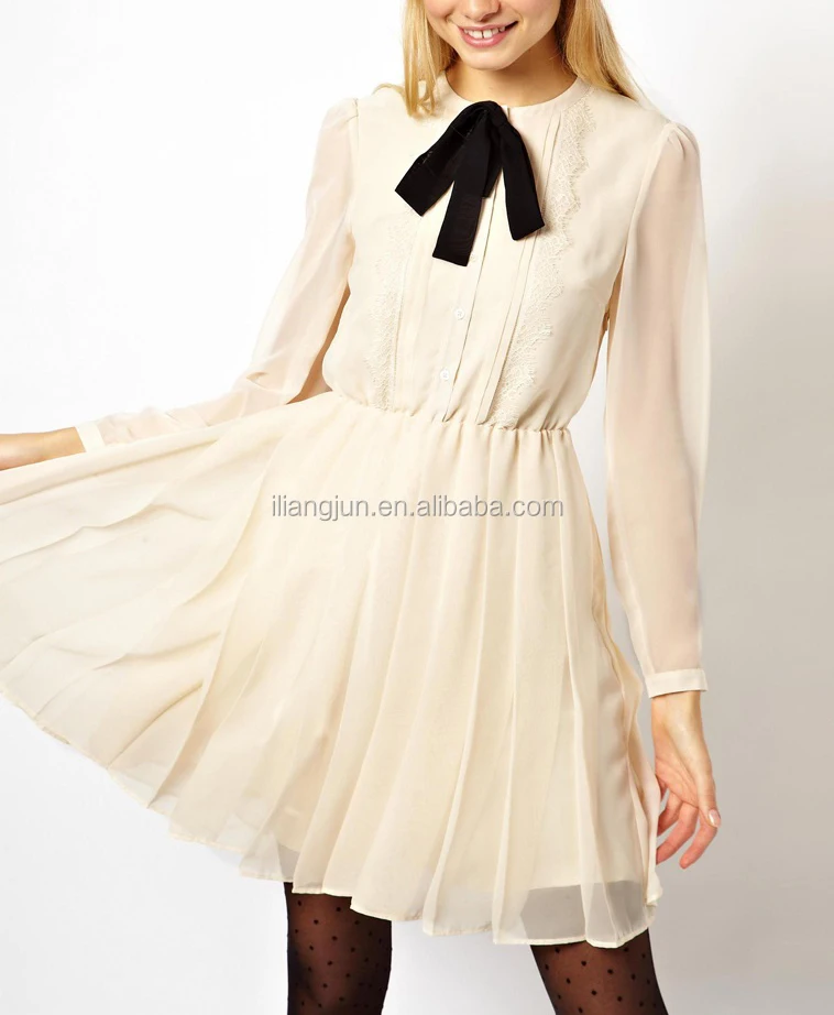 Long sleeve lace bib pussy bow pleated white cute lady dress