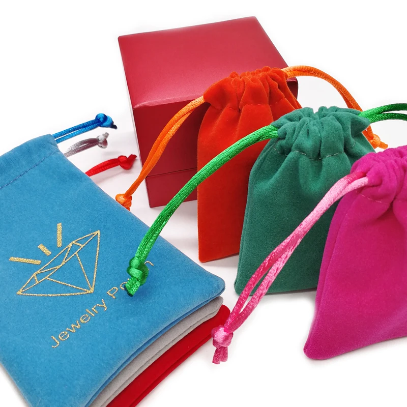 Custom logo printed colorful velvet jewelry pouch with double drawstrings
