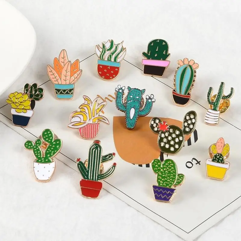Cute Cactus Succulents Chlorophytum Potted Plant Brooch Cartoon Potted Plant Enamel Pins