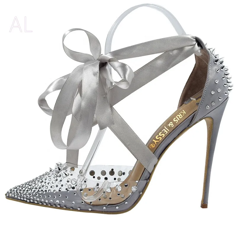 Pointed toe transparent pvc upper rivet rhinestone sandals ribbon tied ankle sandals