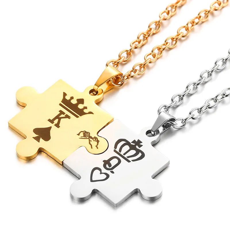 Letters Couple Pendant with Crown Stainless Steel Pendant King Queen Necklace