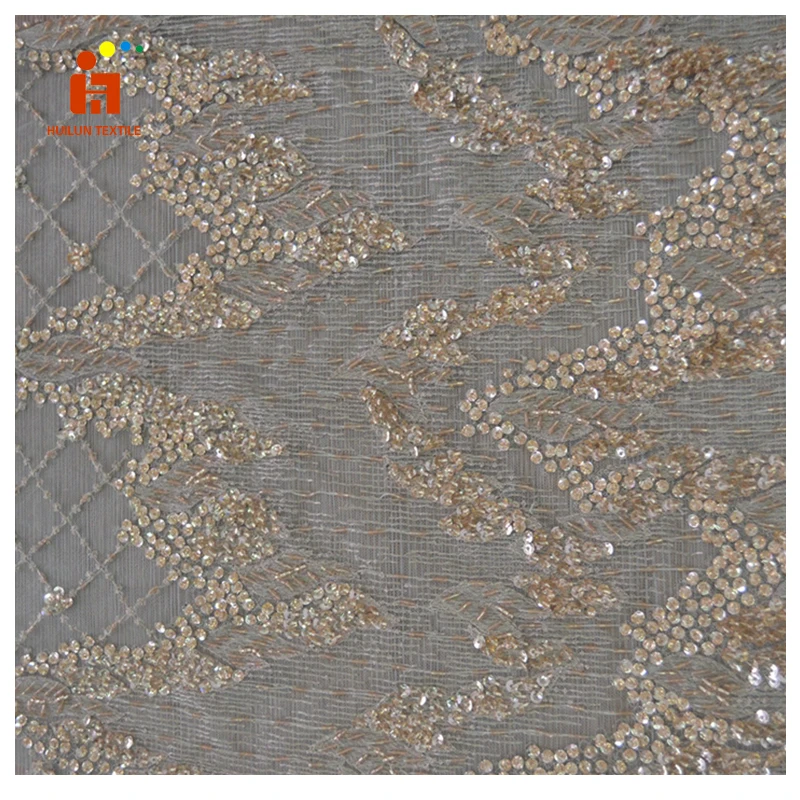 HLSD176 Luxury Tulle Lace Fabric Sequin Embroidery Beaded Lace Fabric On Polyester Mesh With Embroidery