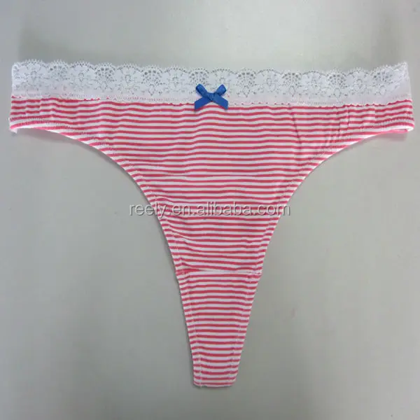 European market stylish stripes with lace and bow sexy transparent thong women