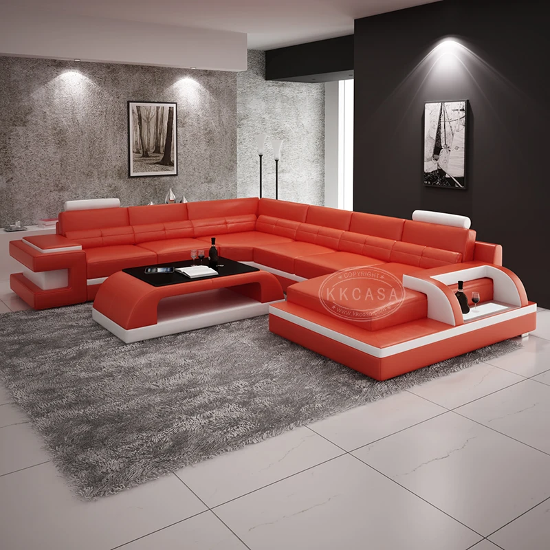 Italian Modern Fashion Model Luxury New Style Led U Shape Genuine Leather Sofa Set