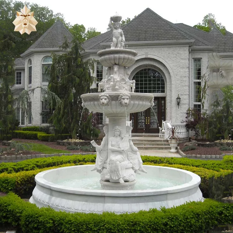 Large villa decor stone lady statue and animal swan sculpture white marble water fountain for sale NTMFO-125Y
