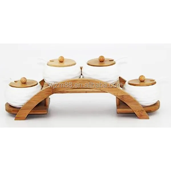 hot selling herb & spice tools set, ceramic spice & salt jars with bamboo racks, seasoning set wholesale