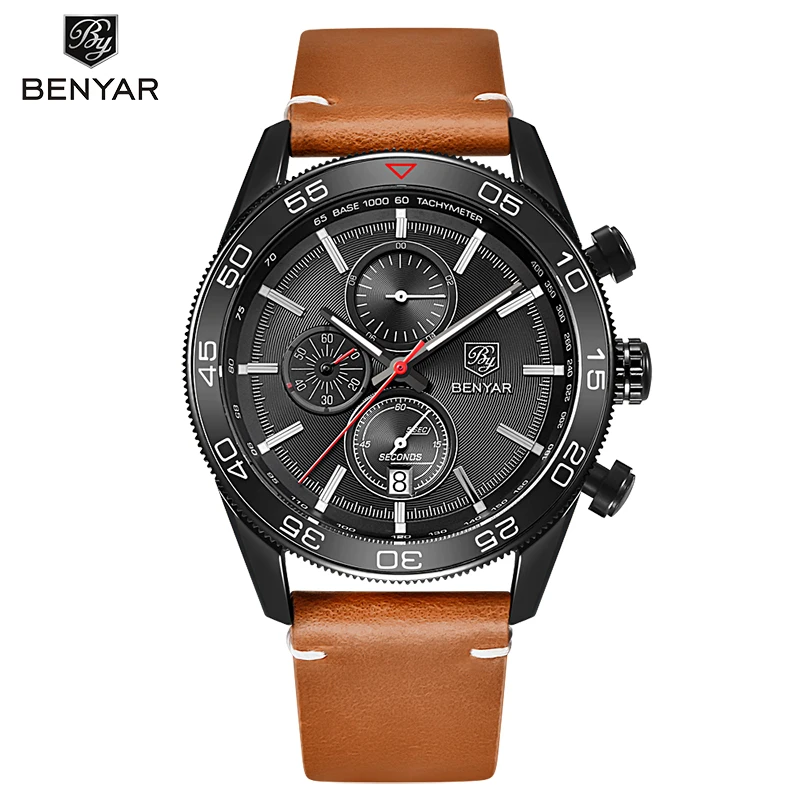Good Price BENYAR Men Chronograph Waterproof Sport Genuine Leather Mens Wrist Military Army Watch 5106