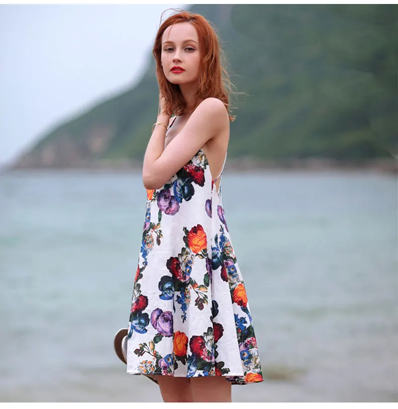 
MaxNegio Lady Fashion Colorful Printed Beach Casual White Dress Women Off Shoulder Halter Sexy Backless Floral Dress 
