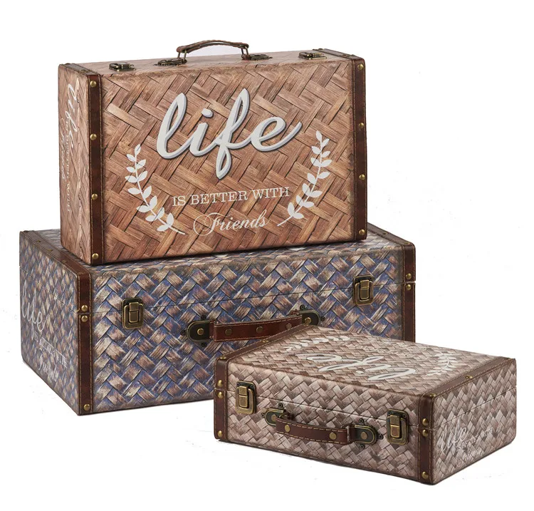 Bamboo weaving design vintage leather suitcase gift box