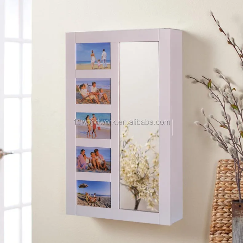 Wooden wall mount mirrored jewelry dressing cabinet with photo door