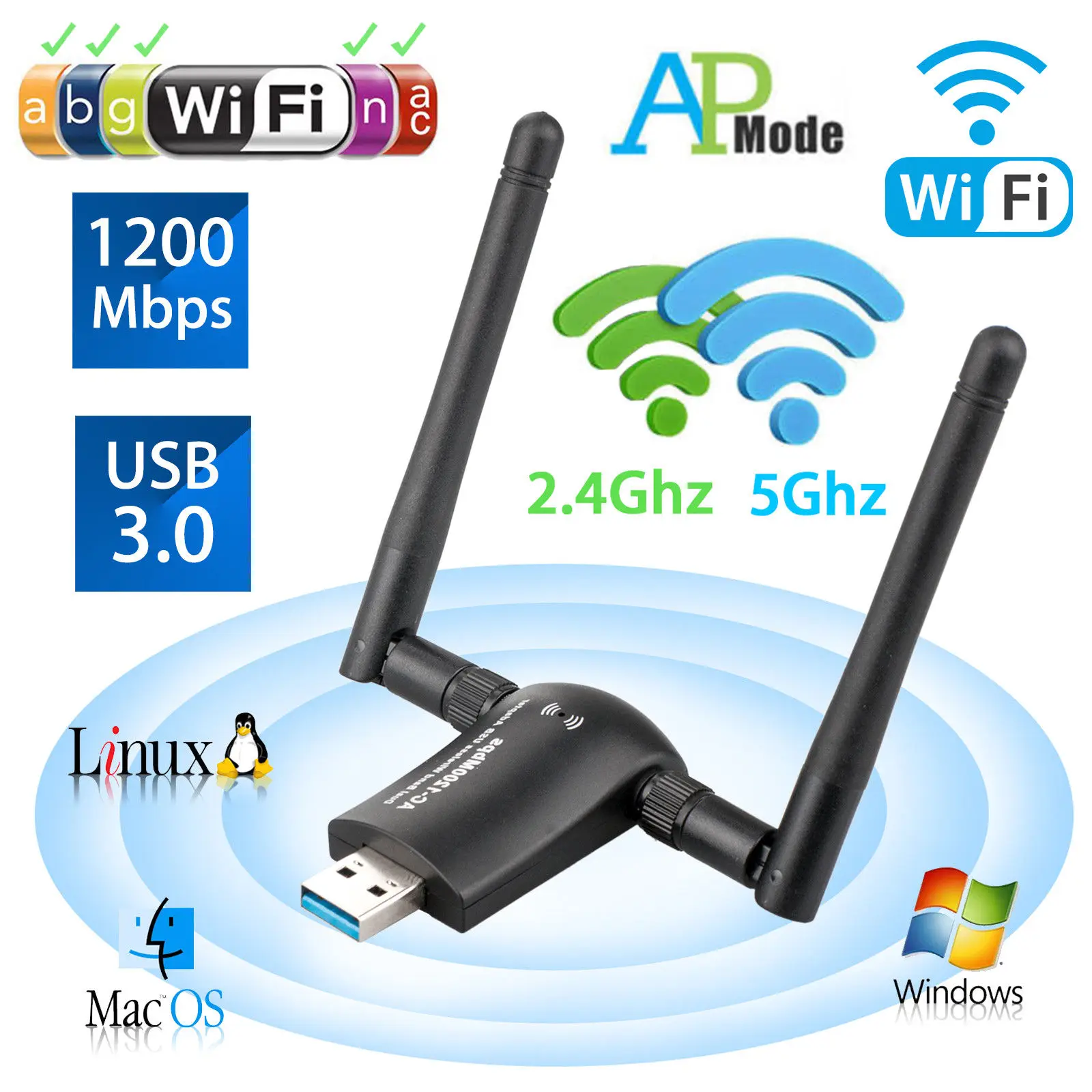 
1200Mbps 802.11ac Realtek 8812BU dual band USB wifi Adapter with 5Dbi external high gain antenna 