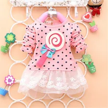 2014 Newest Fashion Spring Kids Sweater Greatly Lollipop Full Version Dot Girls T-shirt Stitching Baby Girls lace Dresses