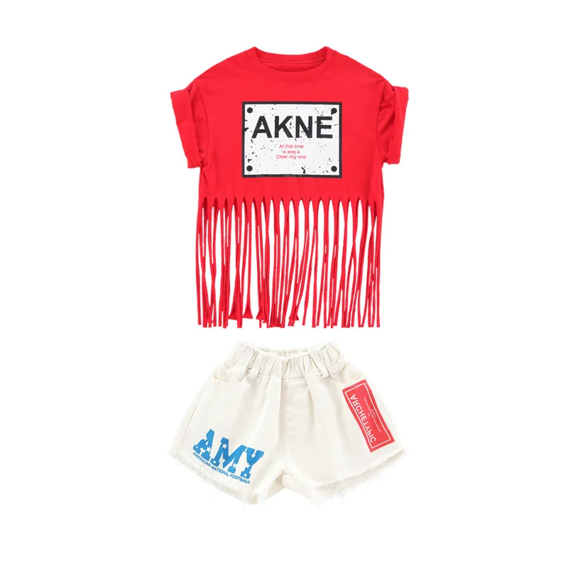 Детская одежда, наряды для девочек, танцевальные костюмы в стиле хип-хоп, летний детский топ с коротким рукавом и бахромой, спортивный костюм, одежда из 2 предметов