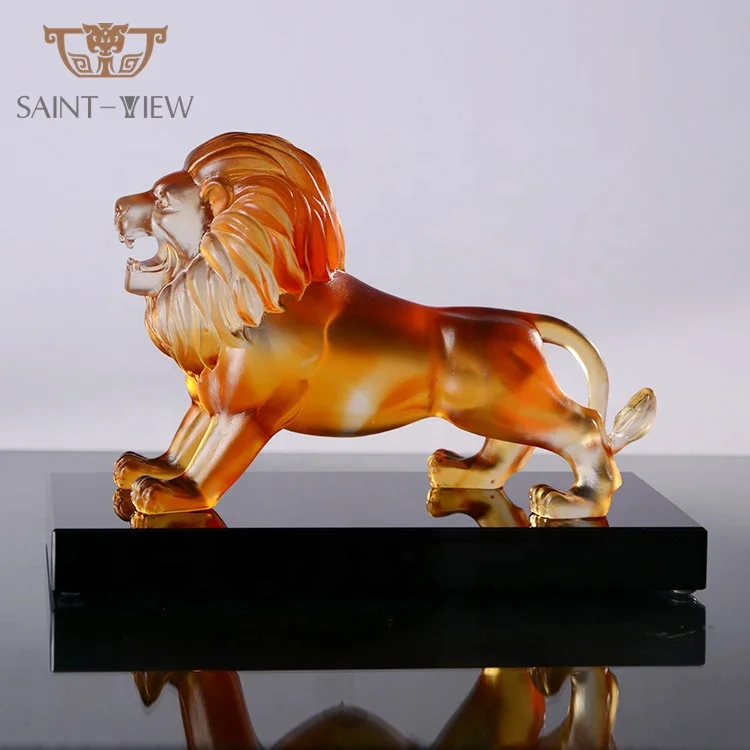 Casting Crystal Glass Amber Lion Wild Animal Statue Figurine Home Decor