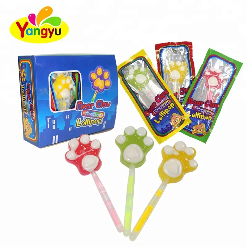 Bear claw shaped fluorescent Lollipop Mix Fruity candy  Glow Light Foot Stick