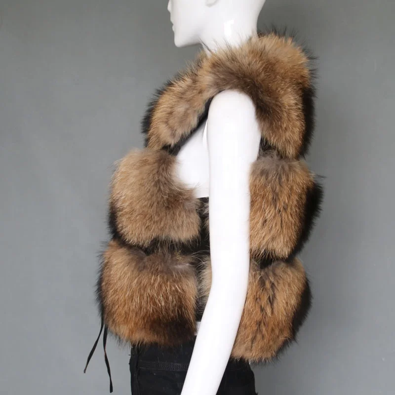 Natural color raccoon fur vest lady fashion real fur gilet short style 3 rows fur waistcoat