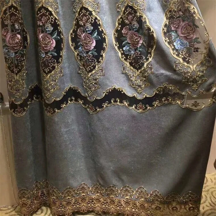 Hot selling Lace border trim curtains with embroider designs gold sequin curtains for the living room
