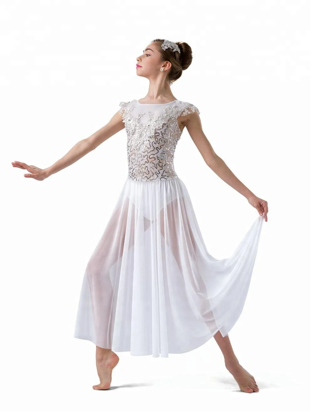 beautiful adults women white long lyrical dance dress shiny sequin elegant dance wear stage performance dance costume