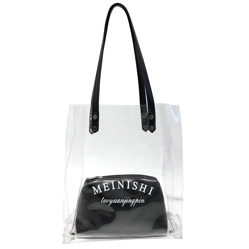 
Women Tote 2pcs Set Bags Transparent PVC Plastic PU Clear Bag 