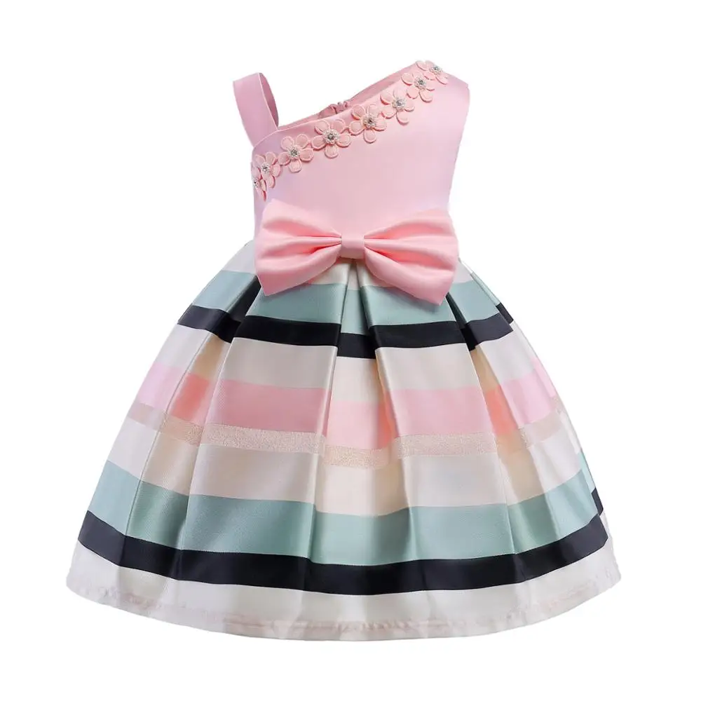 Kids One-Shoulder Party Dress Wholesale Girl Formal Dress Sling Bare Shoulder Stripe Flower Embroidered Princess Dress