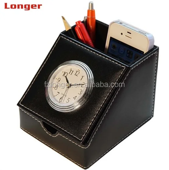 LG-B001 Pu leather handmade rectangle table deco plastic pen holder alarm clock for car remote storage box for office use
