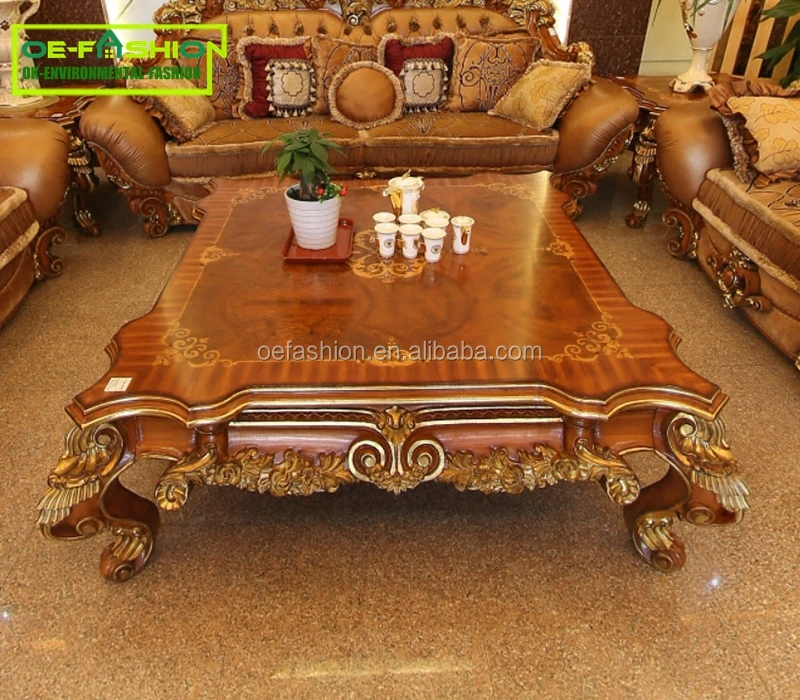 OE-FASHION Luxury Design Hand Carved Home Furniture wooden/Brown Leather Sofa